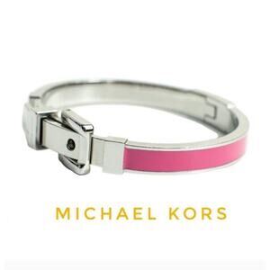 Michael Kors‎ Pink Enamel Buckle Bangle Hinged Silver Tone Adjustable Signed